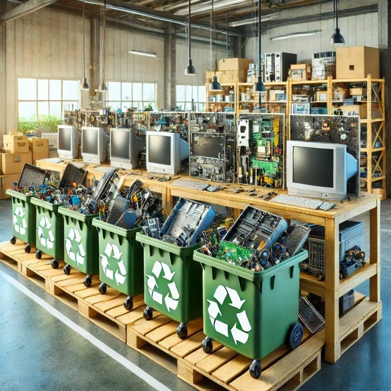Recyclingstation für Elektroschrott mit Computern und elektronischen Bauteilen in grünen Recycling-Containern.