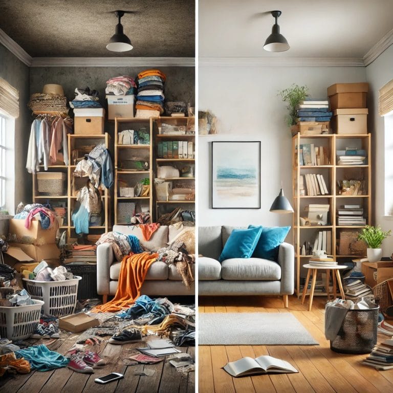 Vorher-Nachher-Vergleich eines Wohnzimmers, das mit effektiven Entrümpelungstipps von chaotisch zu ordentlich verwandelt wurde.